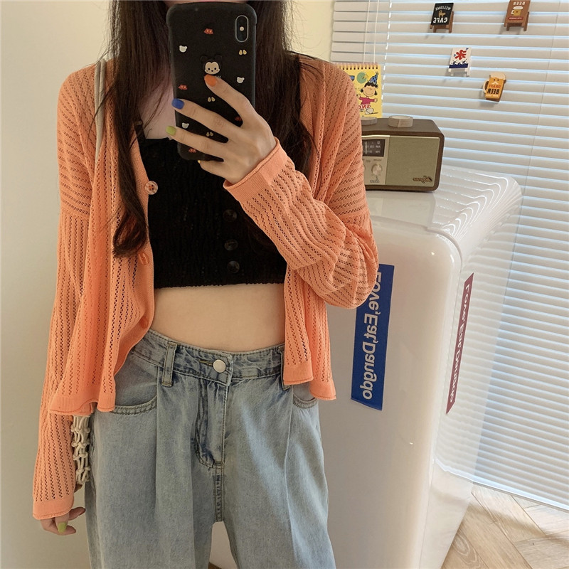 Real price new loose collar hollow out sunscreen blouse knitted cardigan coat for women