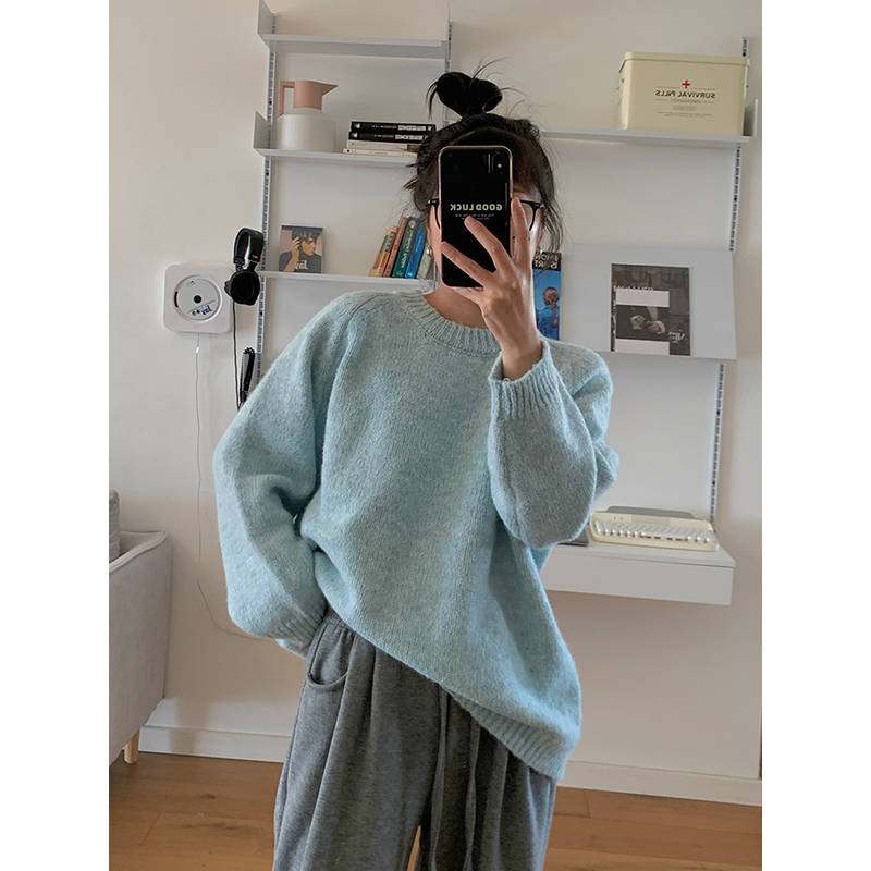 秋冬新款宽松显瘦插肩袖圆领套头洋气毛衣针织女韩版慵懒风百搭潮