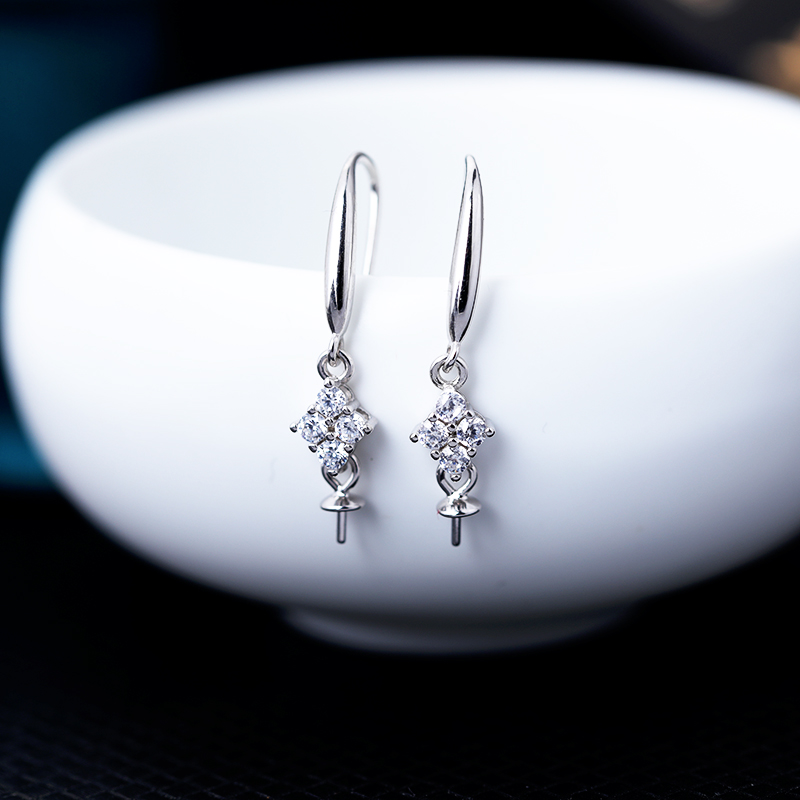 S925纯银耳环空托针式耳饰耳坠镶嵌蜜蜡琥珀红宝石珍珠圆珠银托女