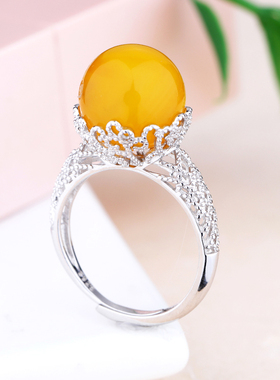 女款戒托S925纯银戒指空托珍珠蜜蜡玉石珠子镶嵌圆珠无针戒指托