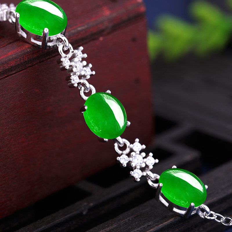 银饰手链空托S925纯银手链空托diy镶嵌和田玉石翡翠蜜蜡空托6*8