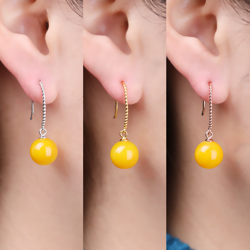 S925纯银耳环空托镶嵌蜜蜡珍珠耳饰耳钩圆珠翡翠玉石diy银托配件