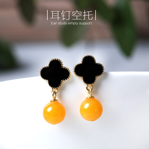纯银黄金色镶嵌蜜蜡耳钉