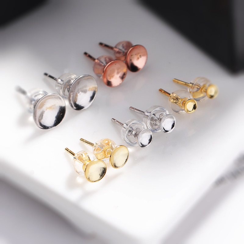 S925银耳钉空托DIY手工粘镶嵌珍珠蜜蜡琥珀松石琥珀圆珠耳饰空托
