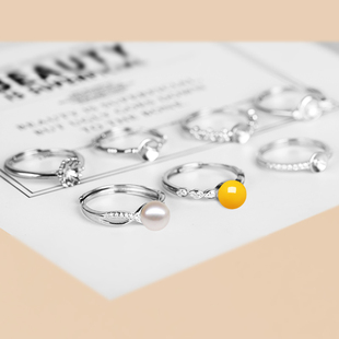 S925纯银材质戒指空托小众设计女款 圆珠戒托镶嵌珍珠蜜蜡宝石珠子