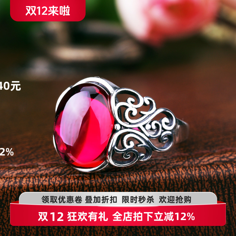 S925纯银复古戒指空托diy镶嵌蜜蜡琥珀宝石椭圆女戒托11*14 12*16