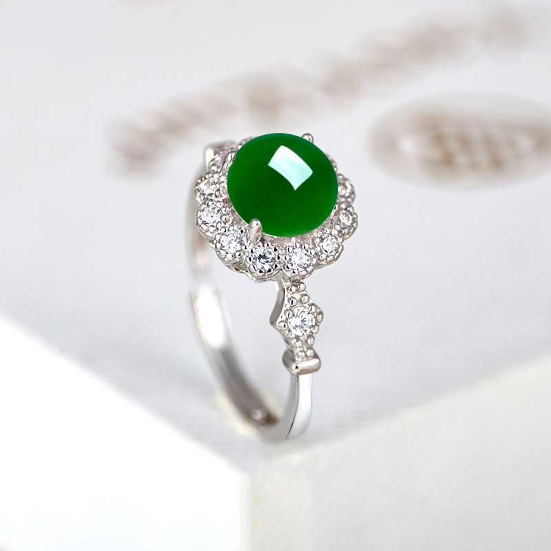 通体S925戒指空托镶嵌天然翡翠玉石开口可调节蛋面玉圆形戒托6*6