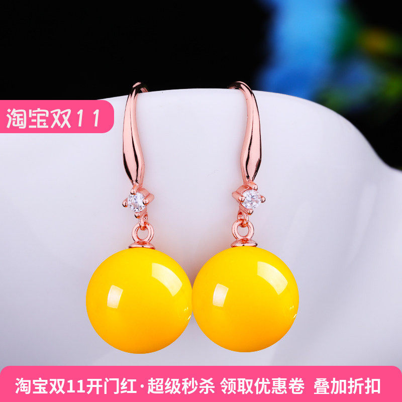 diy纯银镀金镶嵌玉石蜜蜡耳环