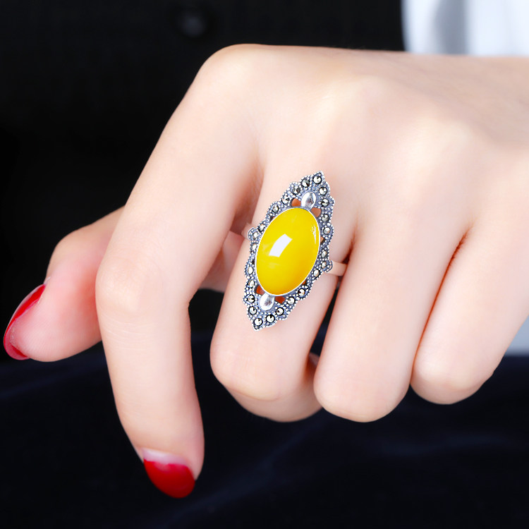 纯银复古戒指空托diy镶嵌琥珀