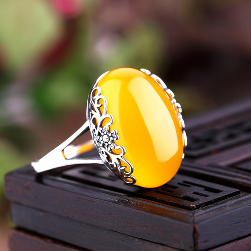 S925纯银女戒托镶嵌蜜蜡戒指空托