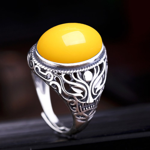 纯银戒指空托镶嵌南红蜜蜡S925