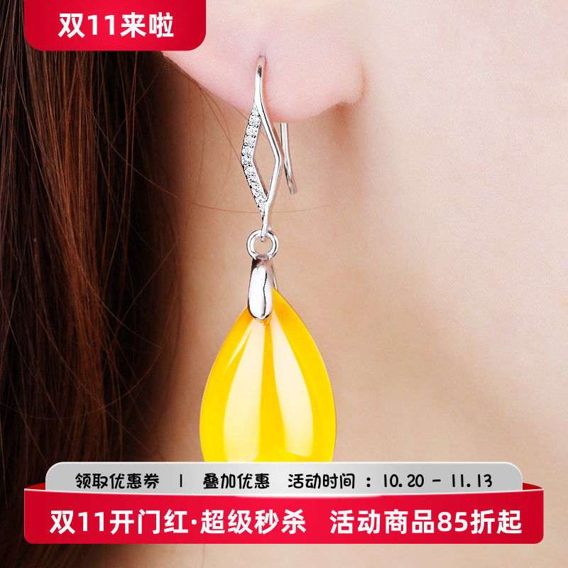 925纯银耳环托女DIY耳饰耳环夹蜜蜡琥珀水滴随形宝石韩版耳环空托