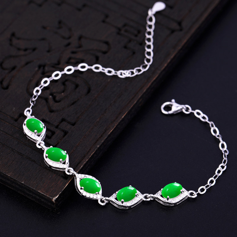 S925纯银手链空托diy镶嵌翡翠和田玉石蜜蜡琥珀女款纯银空托女4*6