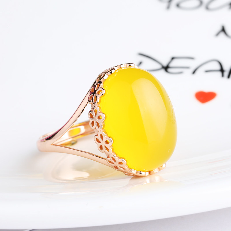 镀玫瑰女款戒指蜜蜡活口s925纯银