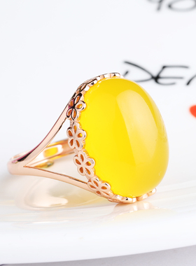 镀玫瑰女款戒指蜜蜡活口s925纯银