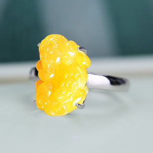 925纯银貔貅戒指空托镶嵌蜜蜡戒指托diy开口戒托8*14 12*17 13*19