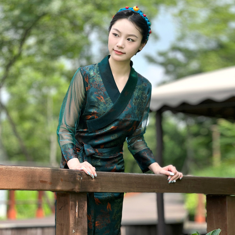 夏季藏装女西藏服民族风藏服纱袖博拉高档锦缎藏袍女藏族服锅庄裙 - 实物图