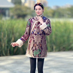 冬季藏装女中长款外套锦缎西藏服民族风休闲藏式加绒风衣藏族服装