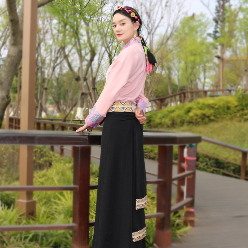 藏式半身裙夏锅庄金边臧裙西藏服女藏装藏族裹裙不丹长裙博拉民族_虎窝淘