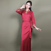 西藏服民族风锅庄裙藏袍博拉 外套高档锦缎V领藏装 春季 藏服女藏式