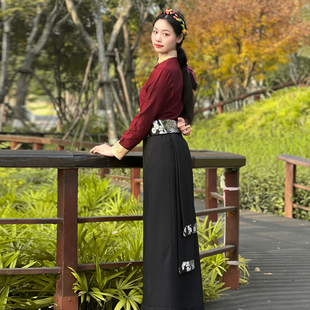 夏季藏式半身裙锅庄薄款臧裙西藏服女藏装藏族裹裙复古长裙民族风