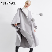 悦空间毛呢斗篷大衣女双面羊毛外套连帽时尚 宽松过膝无袖 灰色原创