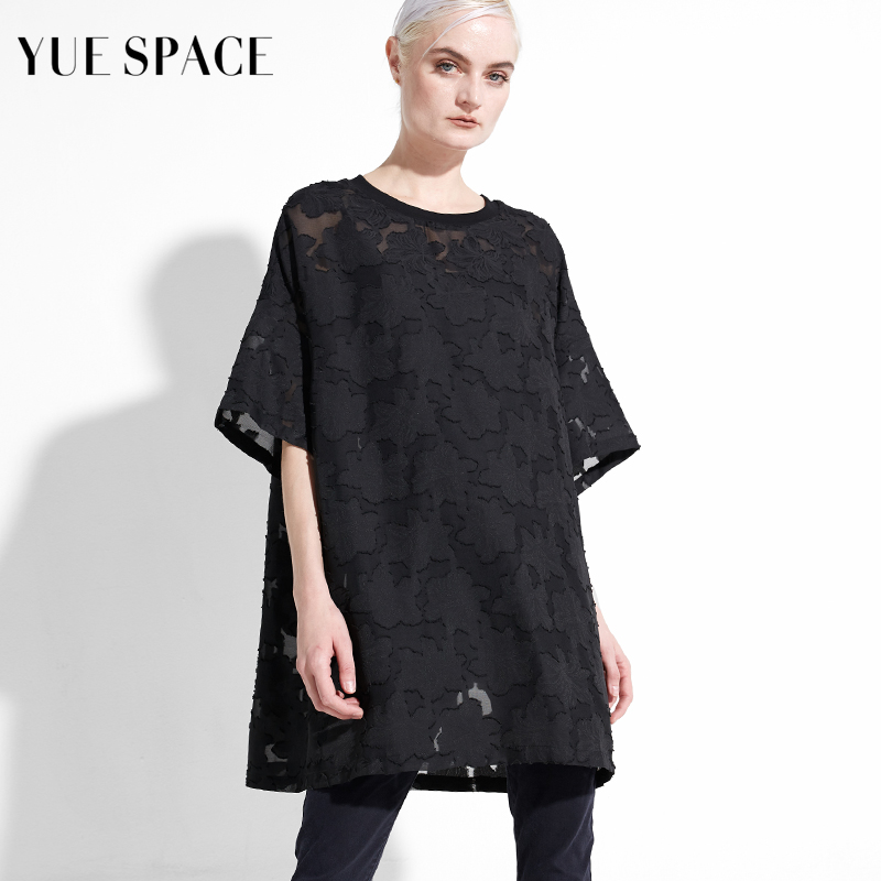 YUESPACE蕾丝衫镂空套头衫女春夏休闲T恤时尚小衫黑色宽松中长款
