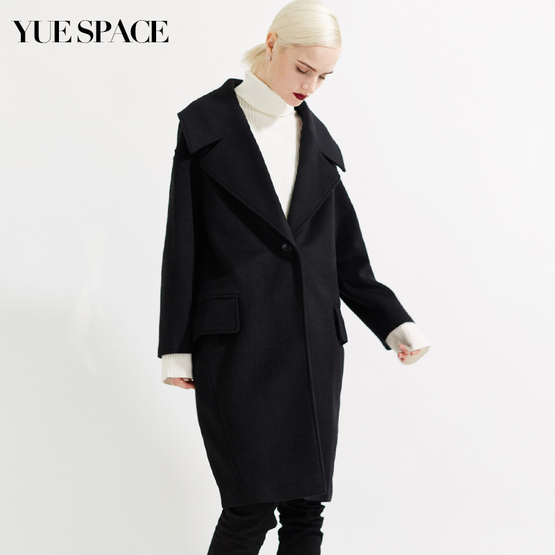 悦空间一粒扣毛呢大衣女士宽松显瘦中长款秋冬外套西装领过膝黑色