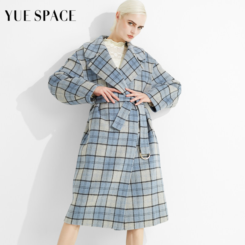 yuespace撞色格纹西装领羊毛大衣