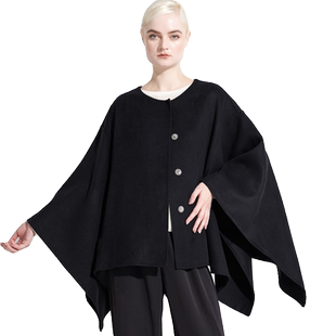 YUESPACE羊绒大衣双面毛呢斗篷外套秋冬女士宽松无领暗扣原创时尚