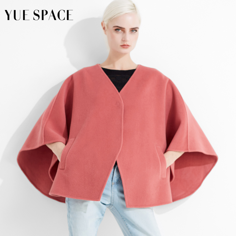 YUESPACE羊绒斗篷外套时尚短款女士毛呢上衣宽松蝙蝠袖V领秋冬粉