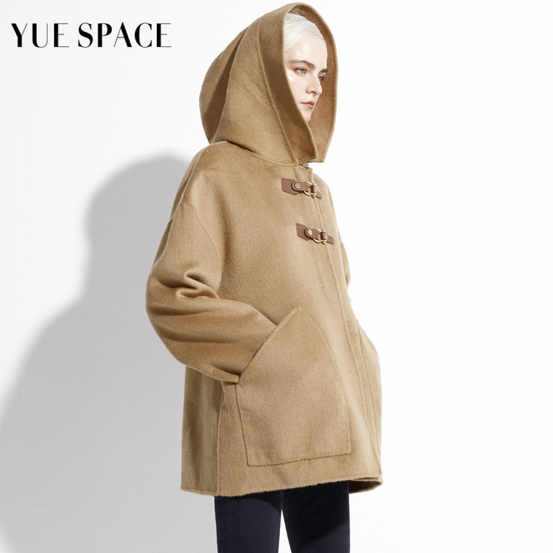 YUESPACE骆驼绒毛呢大衣女士连帽拉链时尚宽松休闲秋冬外套常规款