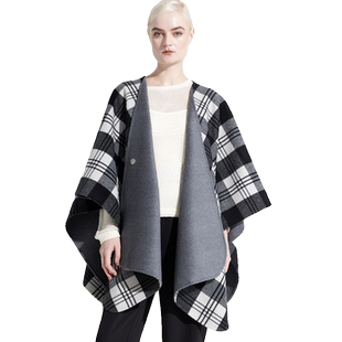YUESPACE格子双面羊毛斗篷女秋冬时尚毛呢外套洋气宽松中长款披肩