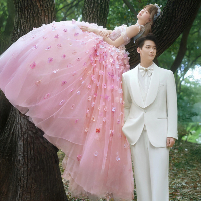 影楼主题粉色拖尾花仙子婚纱