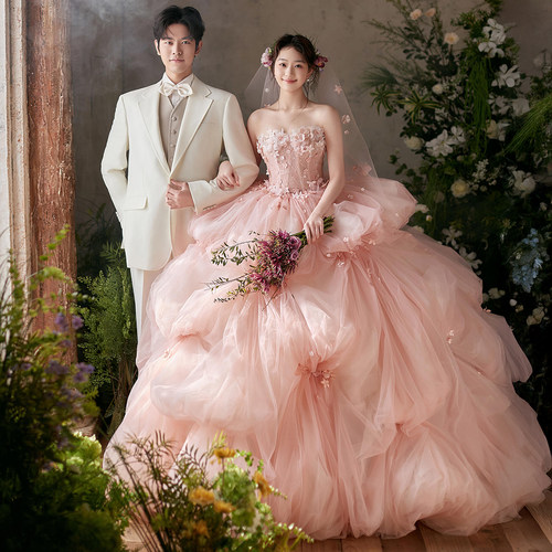 红尘恋贝粉色梦幻花神婚纱