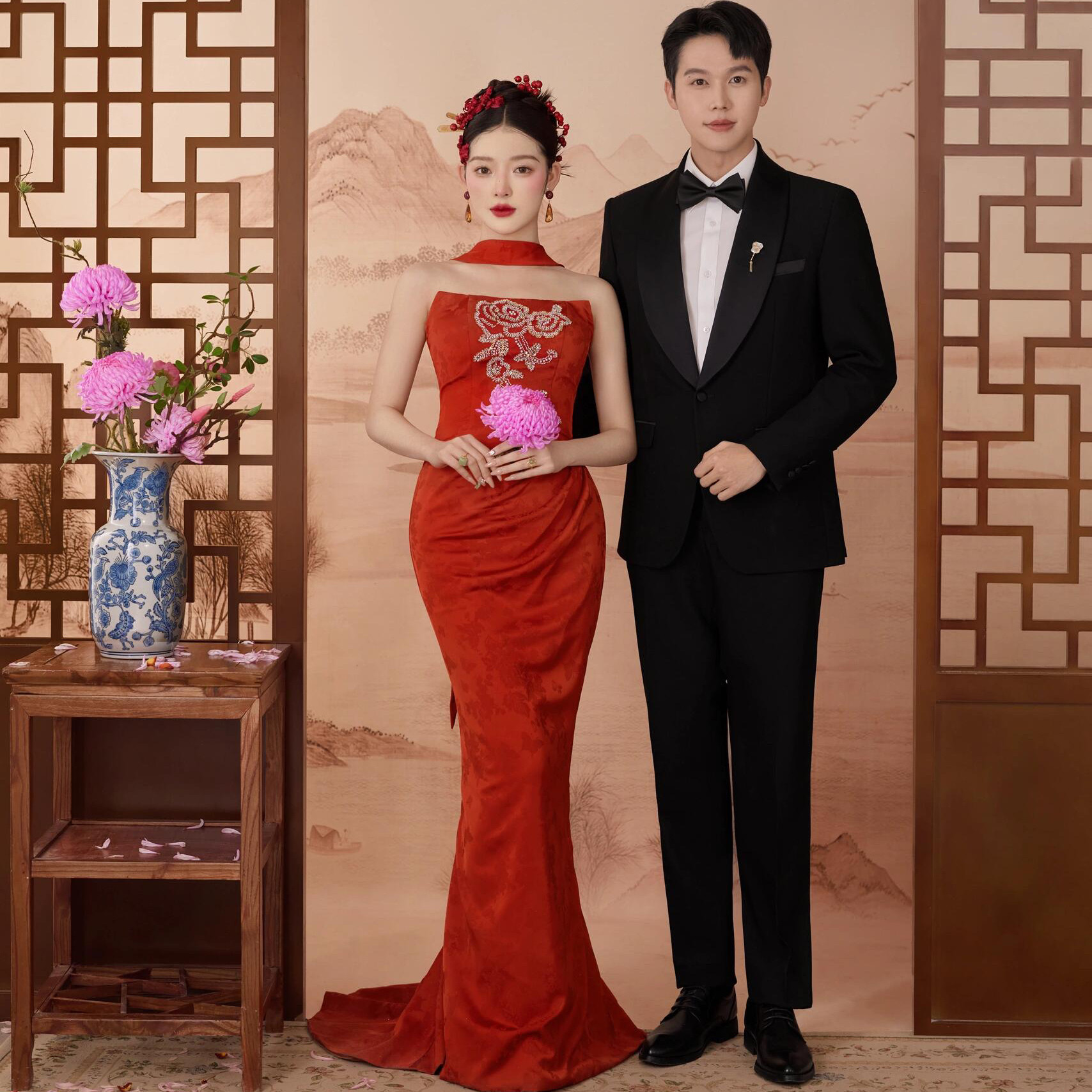 影楼拍照中式园林复古婚纱礼服