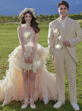 影楼主题服装旅拍轻婚纱摄影情侣写真彩纱拍照蛋糕裙前短后拖礼服