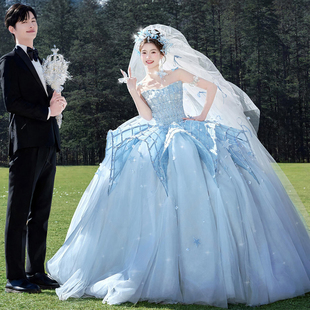 影楼主题外景拍照新款 写真礼服宫廷风蓝色拖尾婚纱绑带网纱蓬蓬裙
