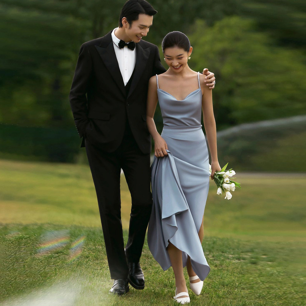 新款影楼主题服装情侣外景拍照摄影写真婚纱蓝色吊带钉珠鱼尾礼服