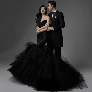 黑色蓬蓬裙收腰鱼尾抹胸内景情侣拍照摄影长礼服影楼主题婚纱服装