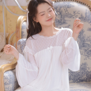 莫代尔睡衣 甜美亲肤蕾丝小圆领公主风睡裙复古宫廷双层网纱泡泡袖