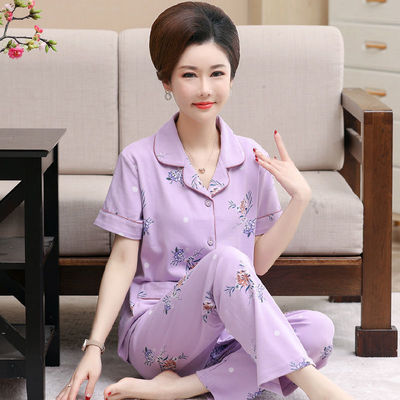 100%纯棉睡衣女夏季短袖长裤中年妈妈大码开衫套装中老年人