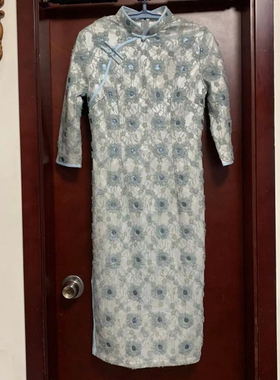 L码浅蓝色花立领传统修身中长款旗袍库存有吊牌不退换慎拍全新