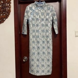 L码浅蓝色花立领传统修身中长款旗袍库存有吊牌不退换慎拍全新