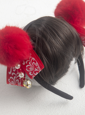 新年发饰发箍儿童JIAFA表演假发头箍中国风红色毛球汉服头饰流苏
