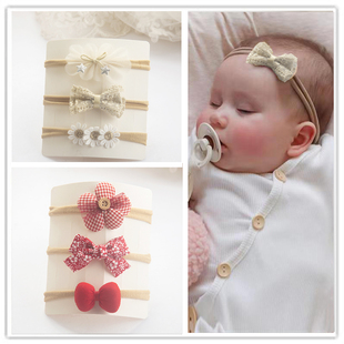 刺绣蝴蝶结花朵儿童发带套装 可爱公主女宝3件套棉麻满月道具