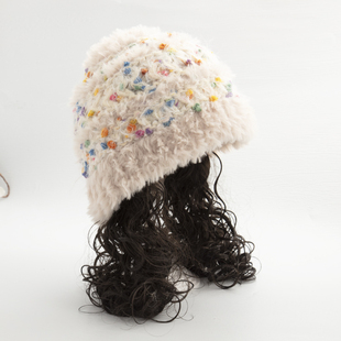手工钩织儿童毛线假发帽子新款冬季毛茸茸保暖显脸小毛绒渔夫帽