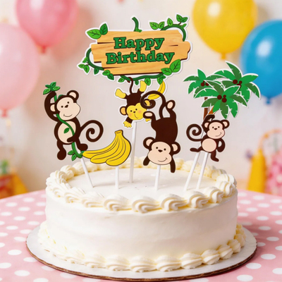 可爱猴子香蕉生日快乐蛋糕装饰插牌森系主题绿树动物蘑菇烘焙插件