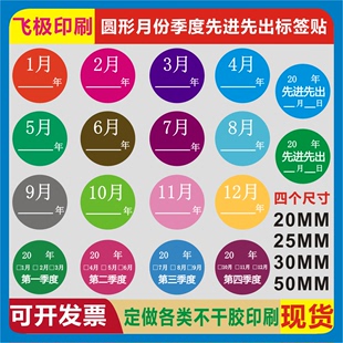 度先进先出不干胶日期分类标签贴 圆形20 50MM彩色自粘1至12月份季