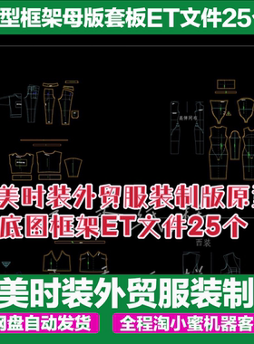 欧美时装外贸服装制版原型框架母版套板ET文件25个prj格式非纸质